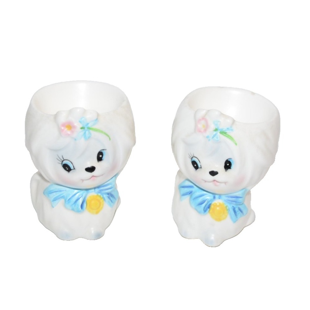 Vtg Lefton Mr. Toodles Maltese Puppy dog egg cup Rare 2 pc set